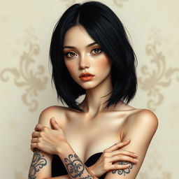 A slender girl with shoulder-length black hair and fine features, showcasing black tattoos on her forearms