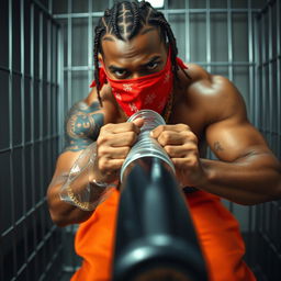 Close-up of a muscular African American gang member inside a prison cell