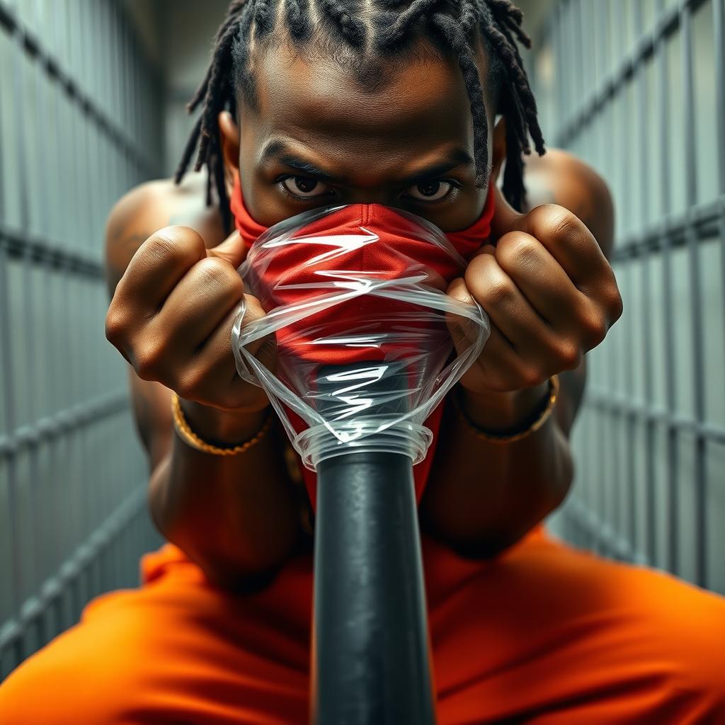 Close-up of a muscular African American gang member inside a prison cell