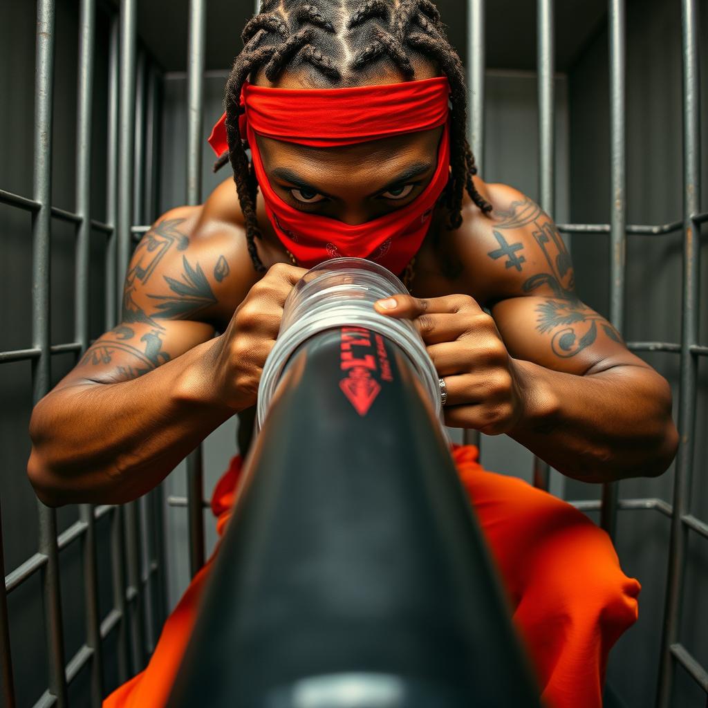 Close-up of a muscular African American gang member inside a prison cell