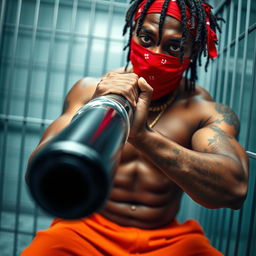 Close-up of a muscular African American gang member inside a prison cell