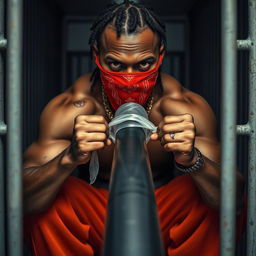 Close-up of a muscular African American gang member inside a prison cell