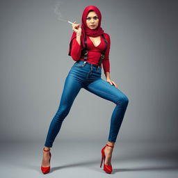 A provocative and bold portrayal of a woman combining hijab style with avant-garde fashion