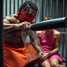 Close-up of a muscular African American gang member and a scared white man inside a prison cell