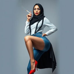 A provocative and cheeky portrayal of a woman in hijab style paired with avant-garde fashion