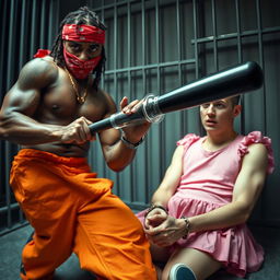 Close-up of a muscular African American gang member and a scared white man inside a prison cell