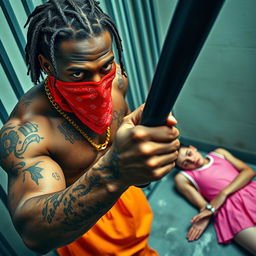 Close-up in a prison cell featuring two people: A muscular African American gang member with baggy orange pants and a red bandana mask over his nose and mouth stands prominently