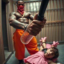 Close-up in a prison cell featuring two people: A muscular African American gang member with baggy orange pants and a red bandana mask over his nose and mouth stands prominently