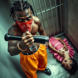 Close-up in a prison cell featuring two people: A muscular African American gang member with baggy orange pants and a red bandana mask over his nose and mouth stands prominently