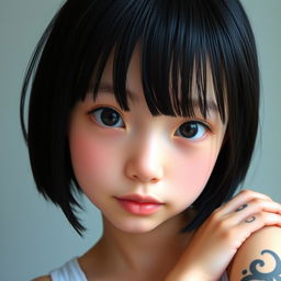 A slender girl with shoulder-length black hair, fine features, and a slightly aquiline nose