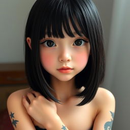 A slender girl with shoulder-length black hair, fine features, and a slightly aquiline nose