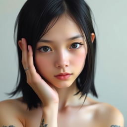 A thin girl with shoulder-length black hair, featuring black tattoos on her forearms