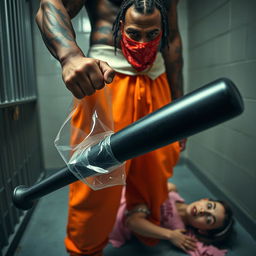 Close-up in a prison cell featuring two people: A muscular African American gang member with baggy orange pants and a red bandana mask over his nose and mouth stands prominently