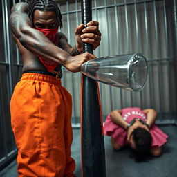 Close-up in a prison cell featuring two people: A muscular African American gang member with baggy orange pants and a red bandana mask over his nose and mouth stands prominently