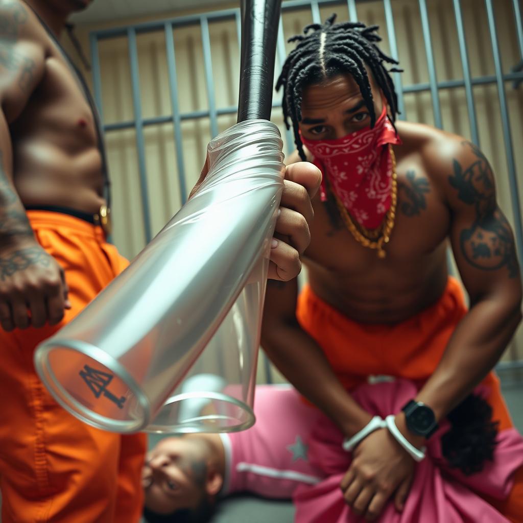 Close-up in a prison cell featuring two people: A muscular African American gang member with baggy orange pants and a red bandana mask over his nose and mouth stands prominently