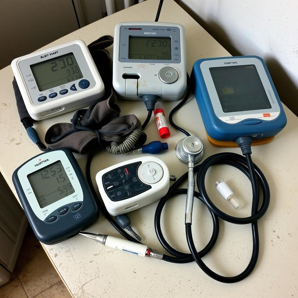 A collection of non-functional medical devices like a blood pressure monitor, oximeter, thermometer, and stethoscope laid out on a table