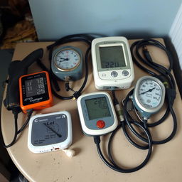 A collection of non-functional medical devices like a blood pressure monitor, oximeter, thermometer, and stethoscope laid out on a table