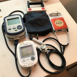 A collection of non-functional medical devices like a blood pressure monitor, oximeter, thermometer, and stethoscope laid out on a table