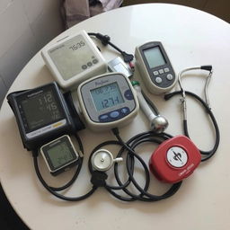 A collection of non-functional medical devices like a blood pressure monitor, oximeter, thermometer, and stethoscope laid out on a table