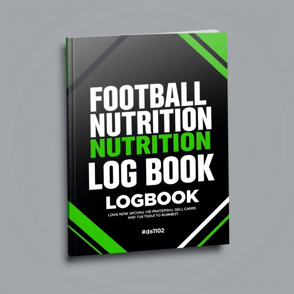 A sleek and modern book cover for "Football Nutrition Logbook" showcasing a black background with contrasting white and green accents, where the green hue matches #0dd102