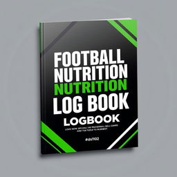 A sleek and modern book cover for "Football Nutrition Logbook" showcasing a black background with contrasting white and green accents, where the green hue matches #0dd102