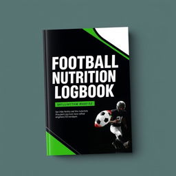 A sleek and modern book cover for "Football Nutrition Logbook" showcasing a black background with contrasting white and green accents, where the green hue matches #0dd102