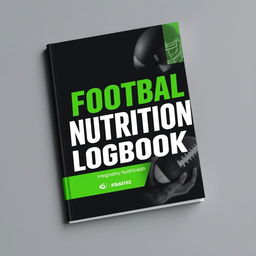 A sleek and modern book cover for "Football Nutrition Logbook" showcasing a black background with contrasting white and green accents, where the green hue matches #0dd102