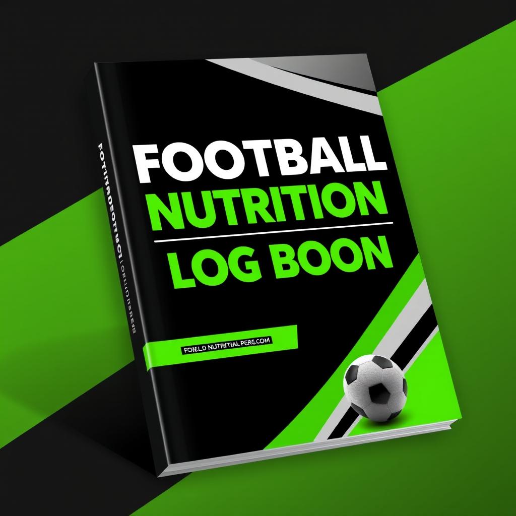 A sleek and modern book cover for "Football Nutrition Logbook" showcasing a black background with contrasting white and green accents, where the green hue matches #0dd102