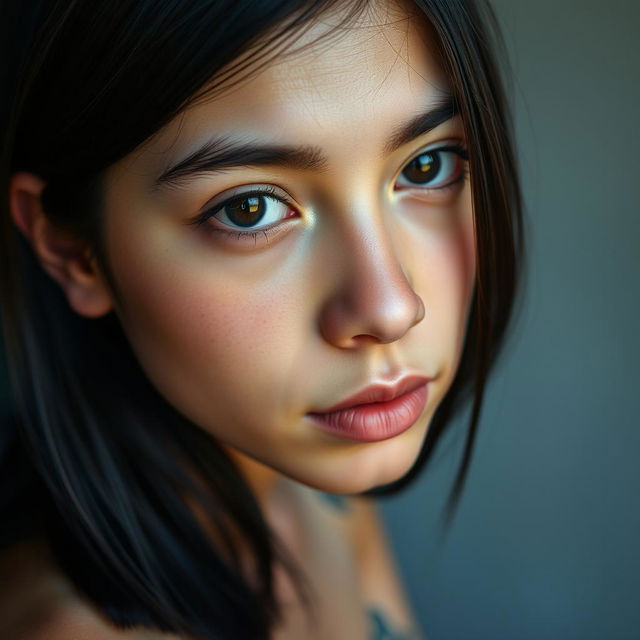 A real-life human Mexican girl with shoulder-length black hair, delicate features, and a slightly aquiline nose