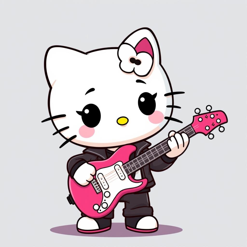 A male version of Hello Kitty, styled as a cartoon character, holding a guitar inspired by Gustavo Cerati's iconic instrument