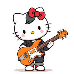 A male version of Hello Kitty, styled as a cartoon character, holding a guitar inspired by Gustavo Cerati's iconic instrument