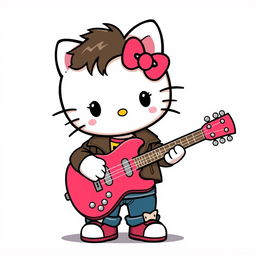 A male version of Hello Kitty, styled as a cartoon character, holding a guitar inspired by Gustavo Cerati's iconic instrument