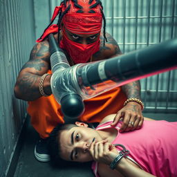 Close-up of an intense scene inside a prison cell featuring two individuals