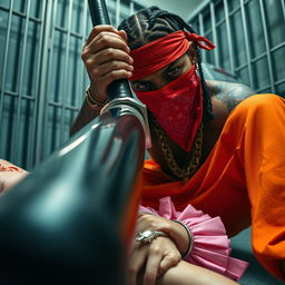 Close-up of an intense scene inside a prison cell featuring two individuals