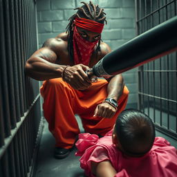 Close-up of an intense scene inside a prison cell featuring two individuals