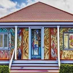 A breathtaking front view of a house with stunning, artistic paintwork