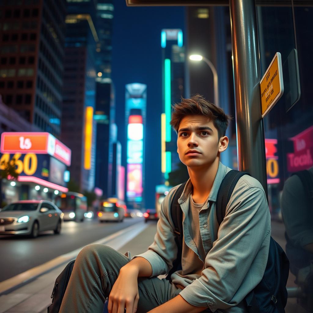 A young adult sitting at a bus stop, looking frustrated as they realize they missed the bus