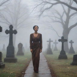 A resilient woman with rich brown skin elegantly strolling through a somber graveyard under a misty drizzle. Her expression is contemplative, evoking a sense of solemnity and tranquility.