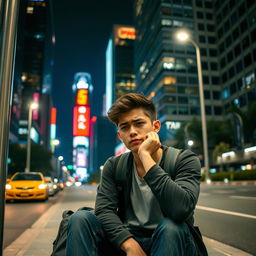 A young adult sitting at a bus stop, looking frustrated as they realize they missed the bus