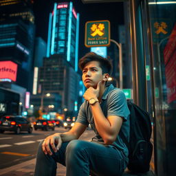 A young adult sitting at a bus stop, looking frustrated as they realize they missed the bus