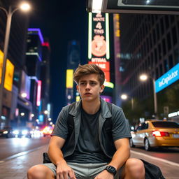 A young adult sitting at a bus stop, looking frustrated as they realize they missed the bus