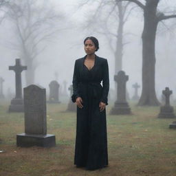 A resilient woman with rich brown skin elegantly strolling through a somber graveyard under a misty drizzle. Her expression is contemplative, evoking a sense of solemnity and tranquility.