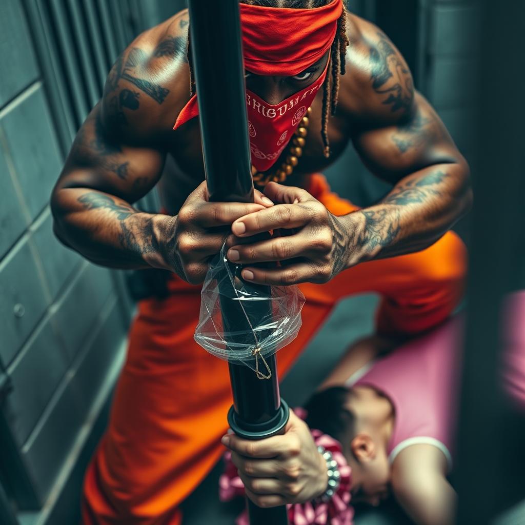 Close-up of an intense scene in a prison cell with two individuals