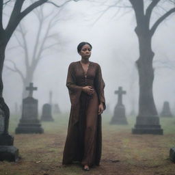 A resilient woman with rich brown skin elegantly strolling through a somber graveyard under a misty drizzle. Her expression is contemplative, evoking a sense of solemnity and tranquility.