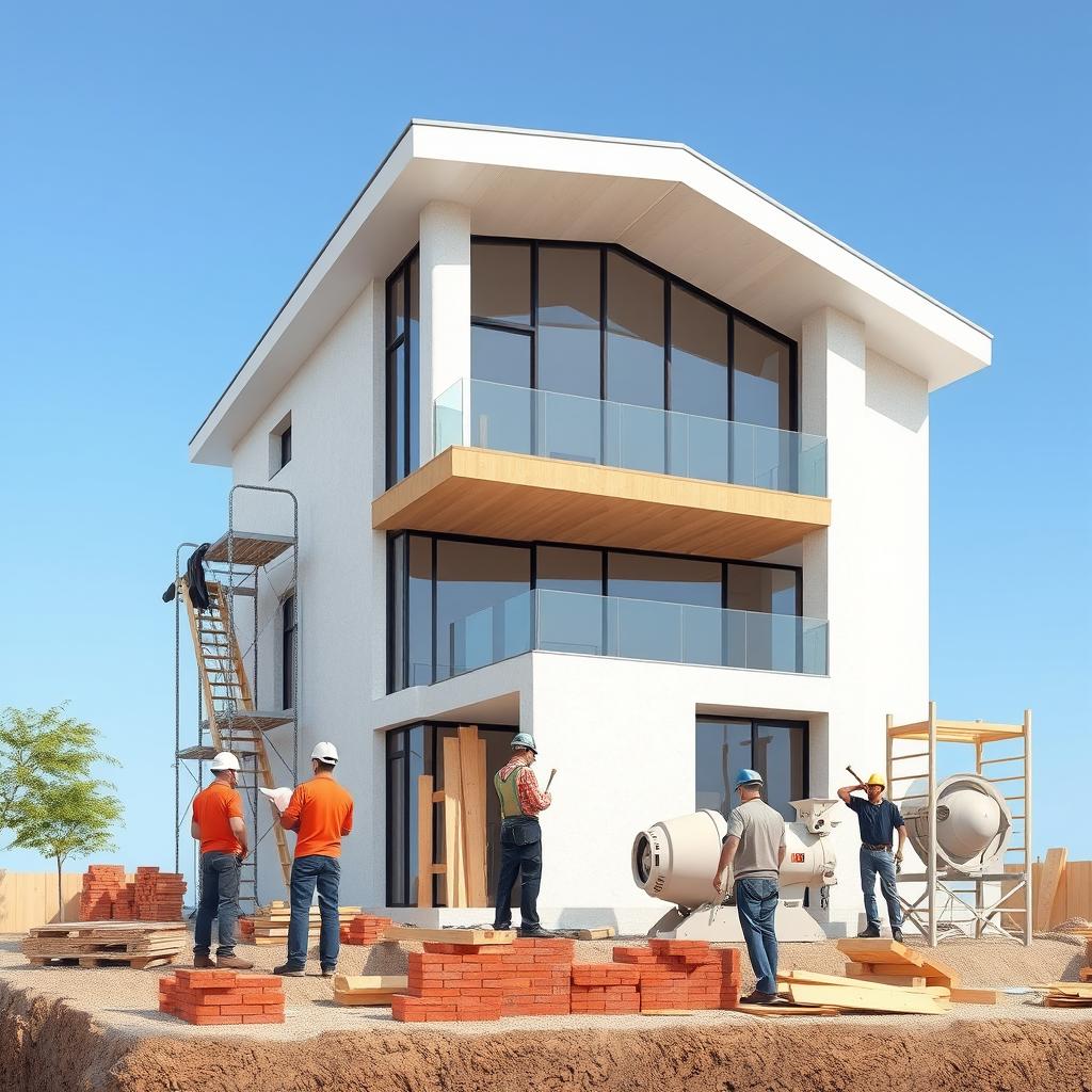 A detailed visualization of a house reconstruction project in progress, showcasing workers actively engaged in re-building a modern two-story house