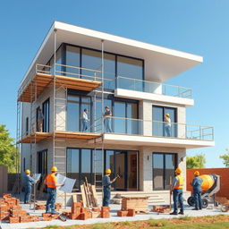 A detailed visualization of a house reconstruction project in progress, showcasing workers actively engaged in re-building a modern two-story house