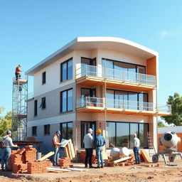 A detailed visualization of a house reconstruction project in progress, showcasing workers actively engaged in re-building a modern two-story house