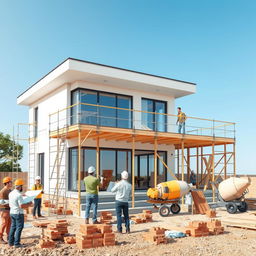 A detailed visualization of a house reconstruction project in progress, showcasing workers actively engaged in re-building a modern two-story house