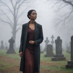 A resilient woman with rich brown skin elegantly strolling through a somber graveyard under a misty drizzle. Her expression is contemplative, evoking a sense of solemnity and tranquility.