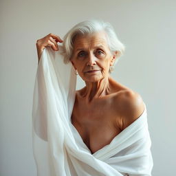 A gracefully aged, elegant elderly woman posing nude, enveloped in soft, flowing drapery that hints at classic art styles